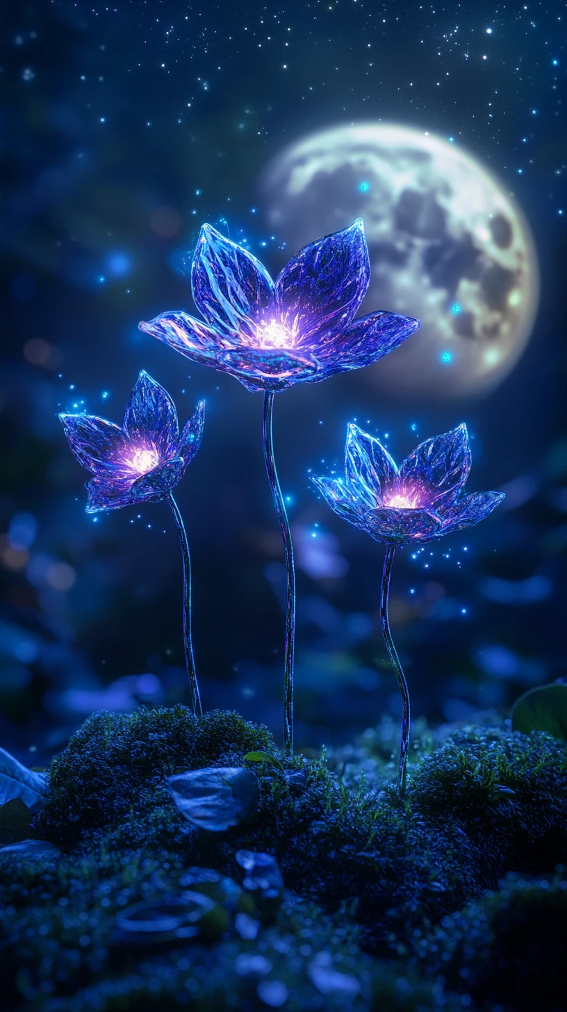 Leuchtende Kristallblumen unter einem weiten mondbeschienenen Himmel