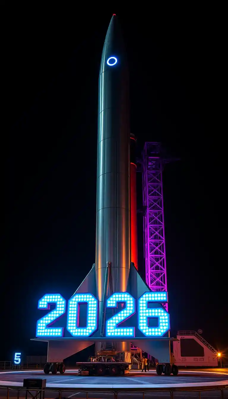 Razzo futuristico sulla rampa di lancio con display luminoso 2026