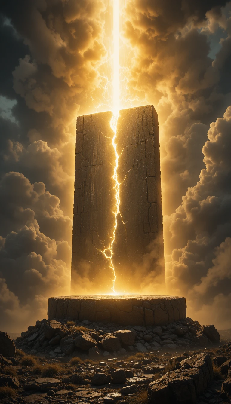 Ancient stone tablet splitting under radiant divine light