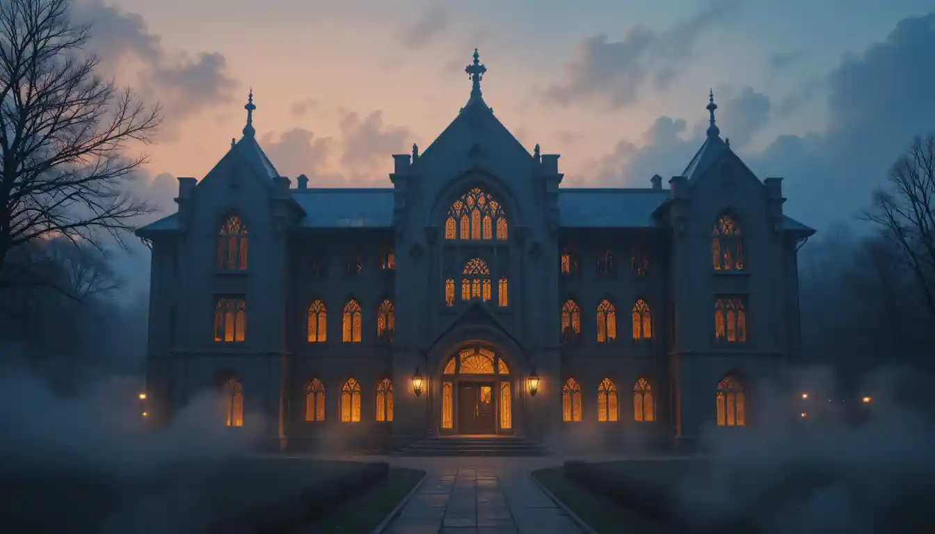 Mystical school building glowing in dreamy twilight fog