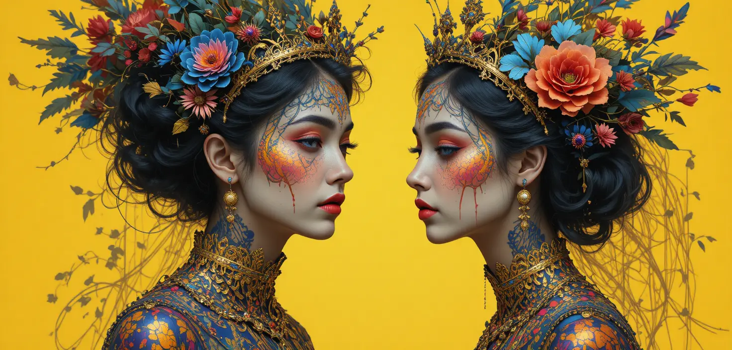 Colorful whimsical woman in a fantastical graphic world
