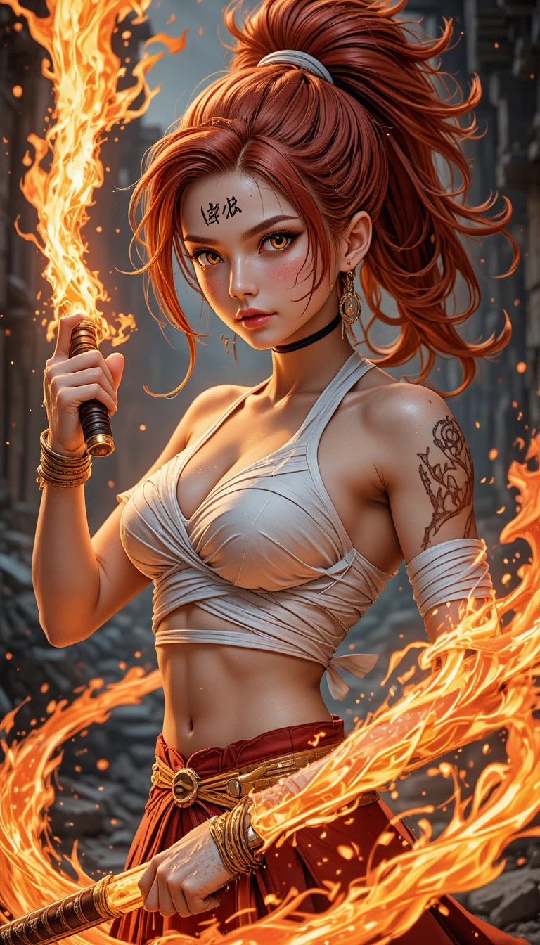 Guerrera de fuego de anime en ruinas con katana llameante