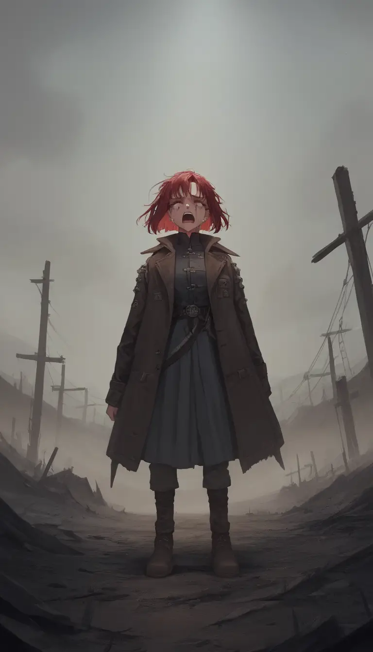 Crying girl in a barren landscape at desolate sunset