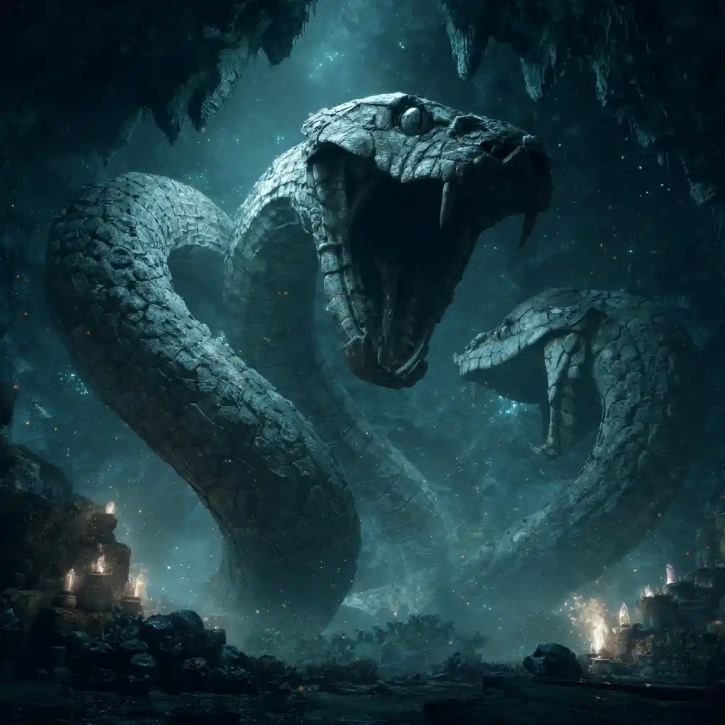 Colossal Serpentine Skeletons Coiled In A Runic Cavern