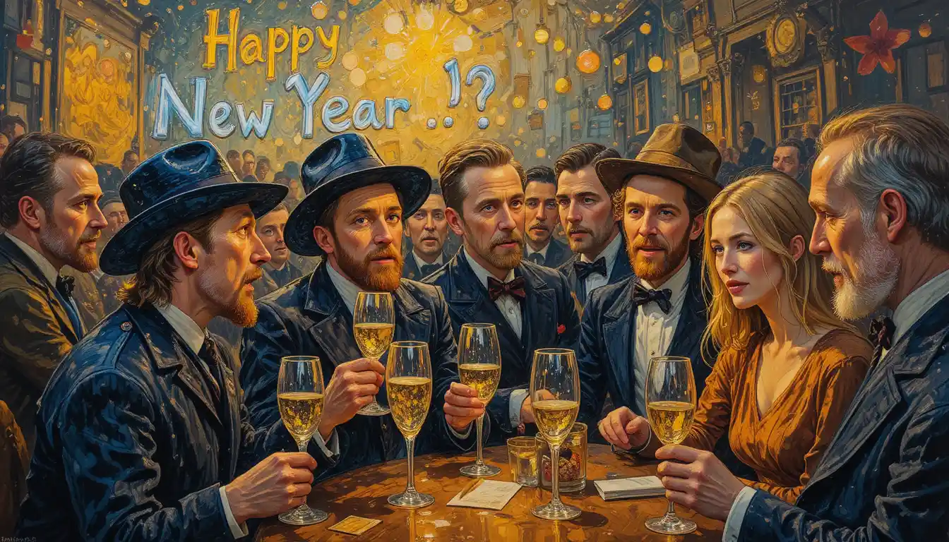 Festive group gathering in warm glowing oil painting style