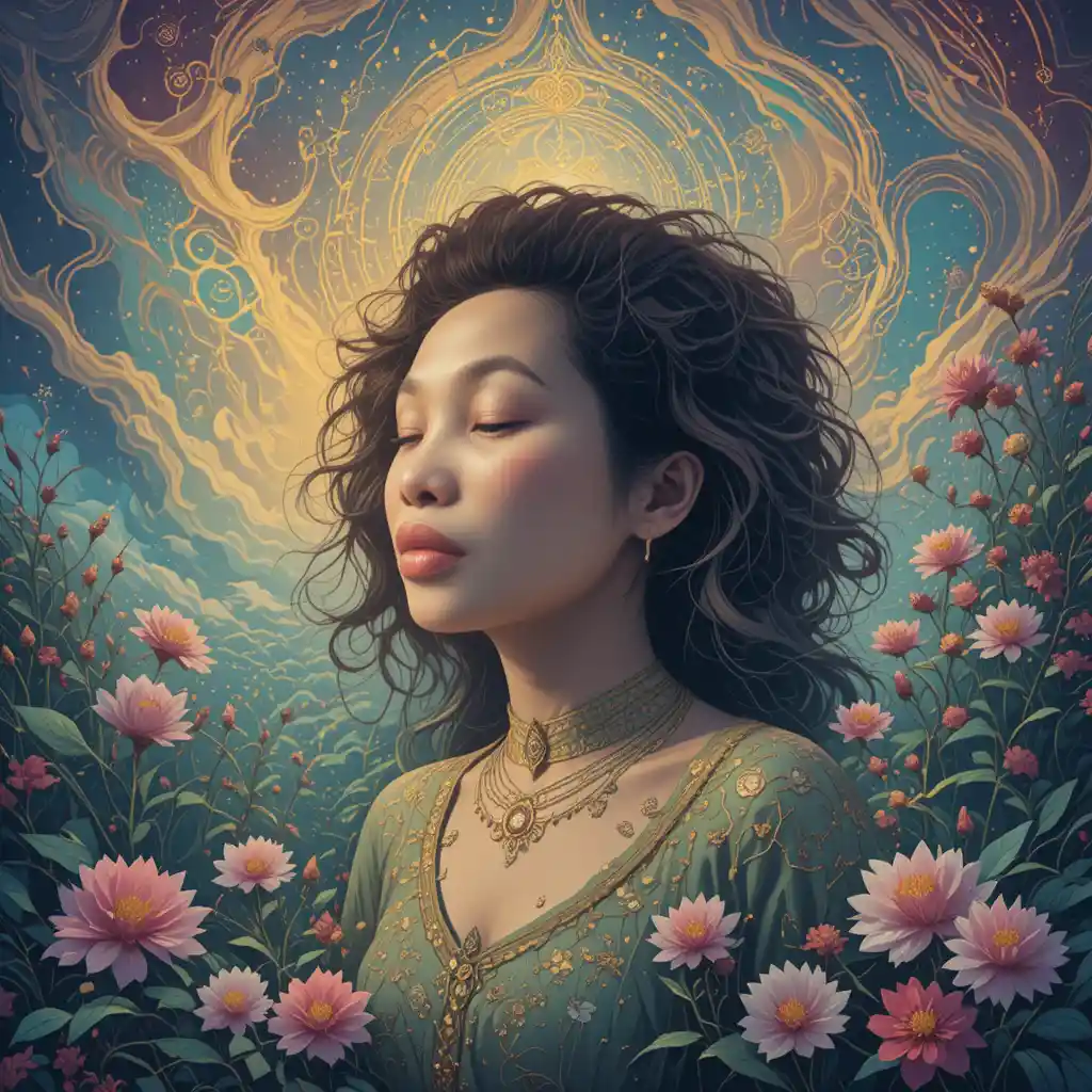 Serene woman in psychedelic garden under mystical swirling sky