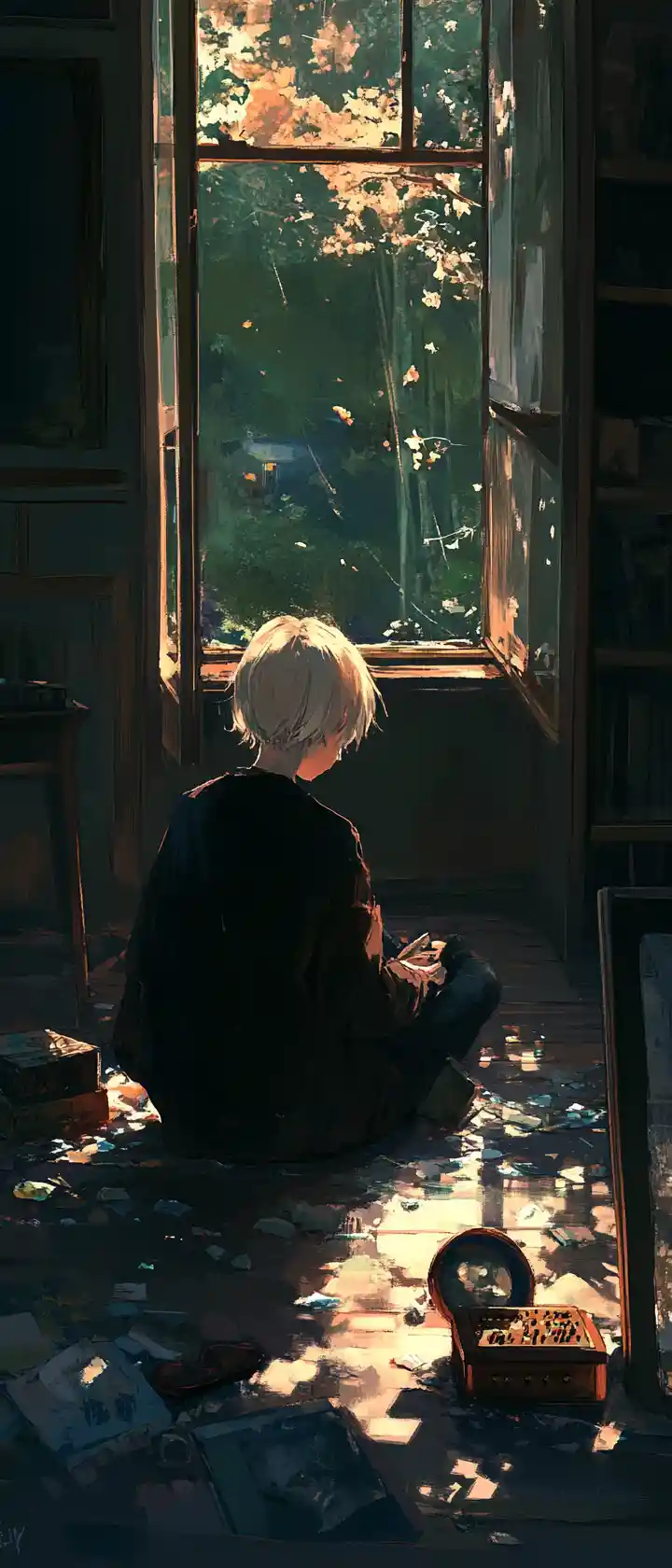 Anime girl sitting in a quiet room with broken keepsakes