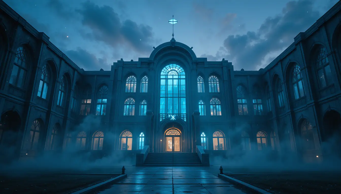 Mystical school building glowing in a twilight fantasy world