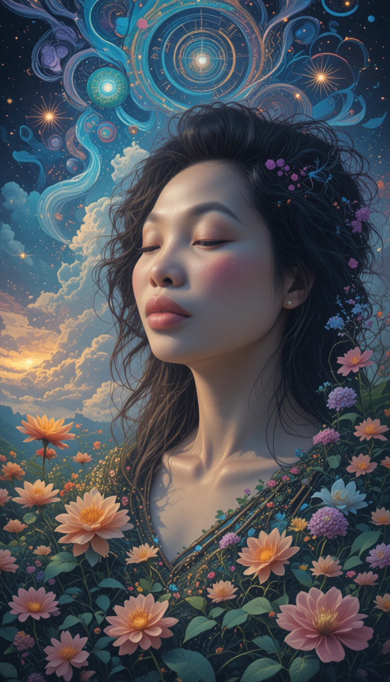 Femme sereine dans un jardin psychédélique luxuriant sous un ciel tourbillonnant