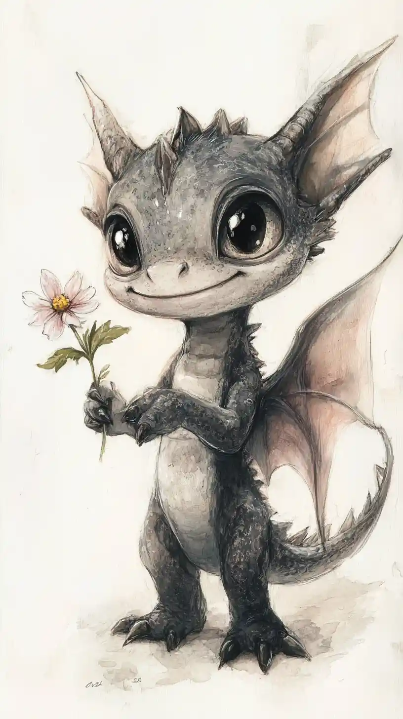 Dolce Cucciolo di Drago con Fiore in Stile Acquerello