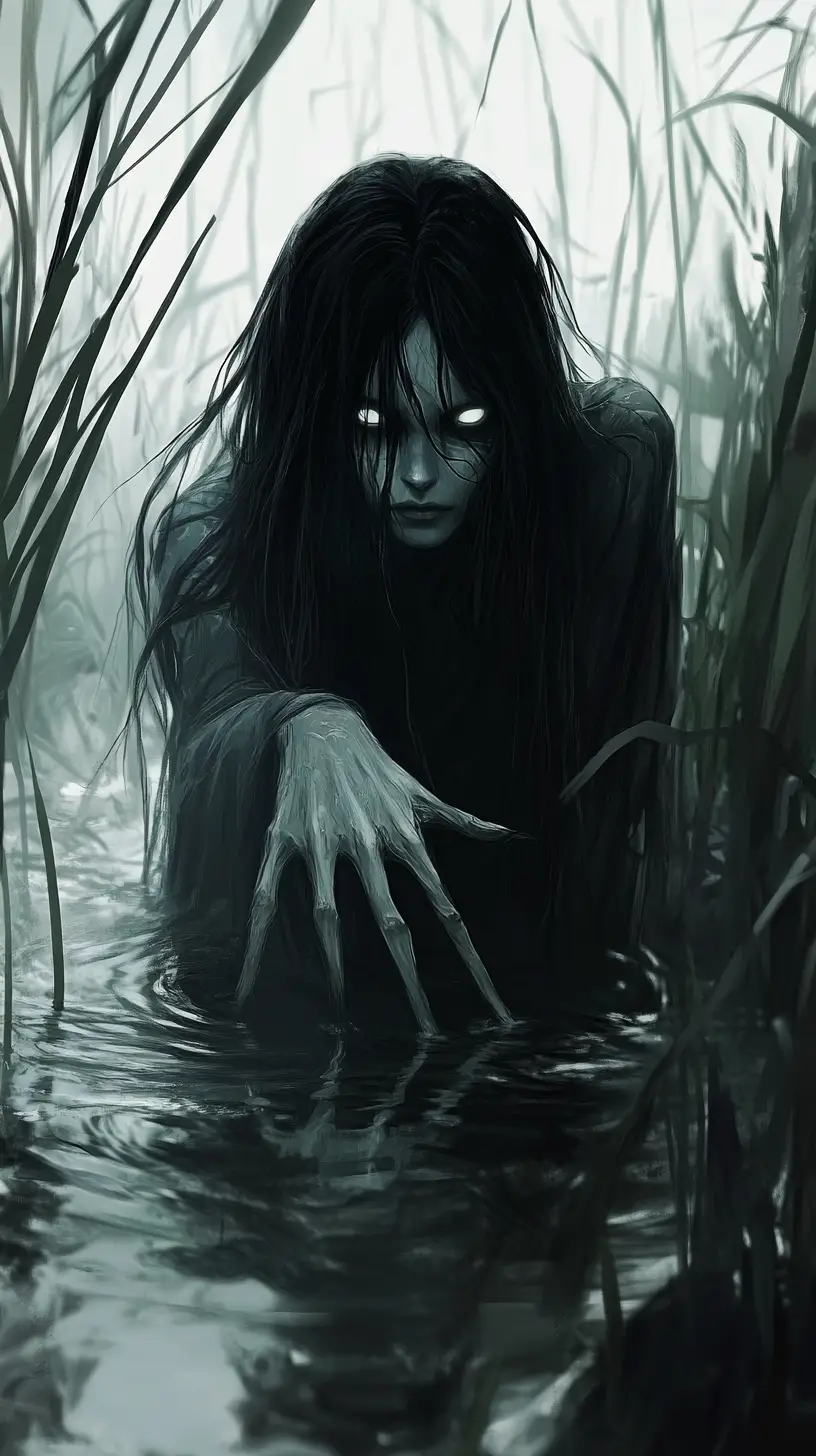 Ghostly woman rising from a foggy marsh at night