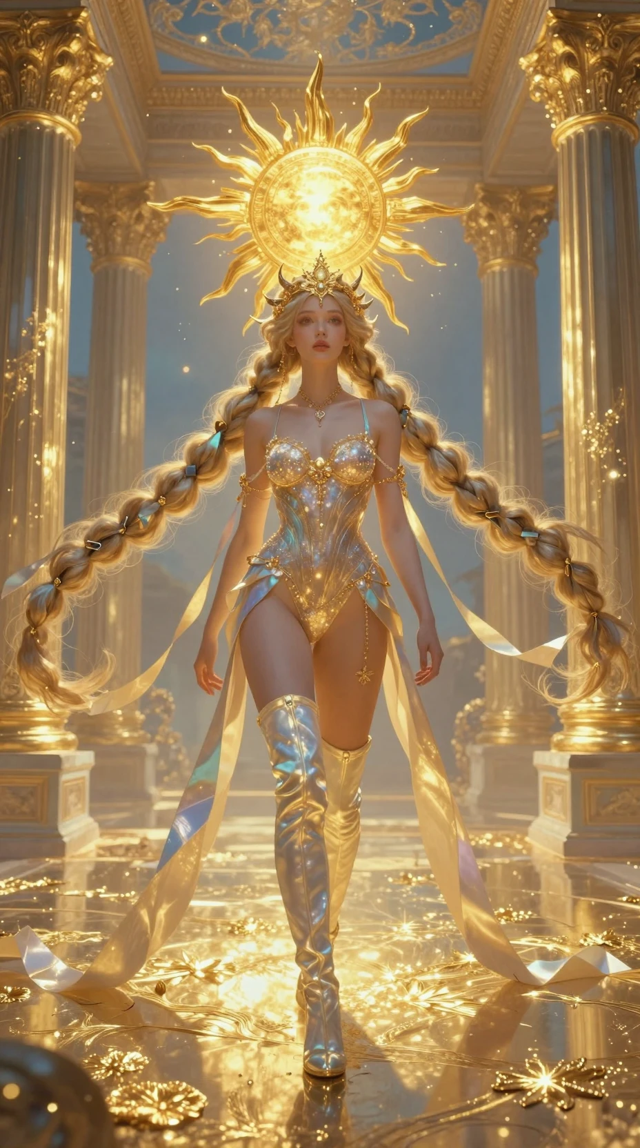 Fantasy ribbon nymph woman walking through a golden temple