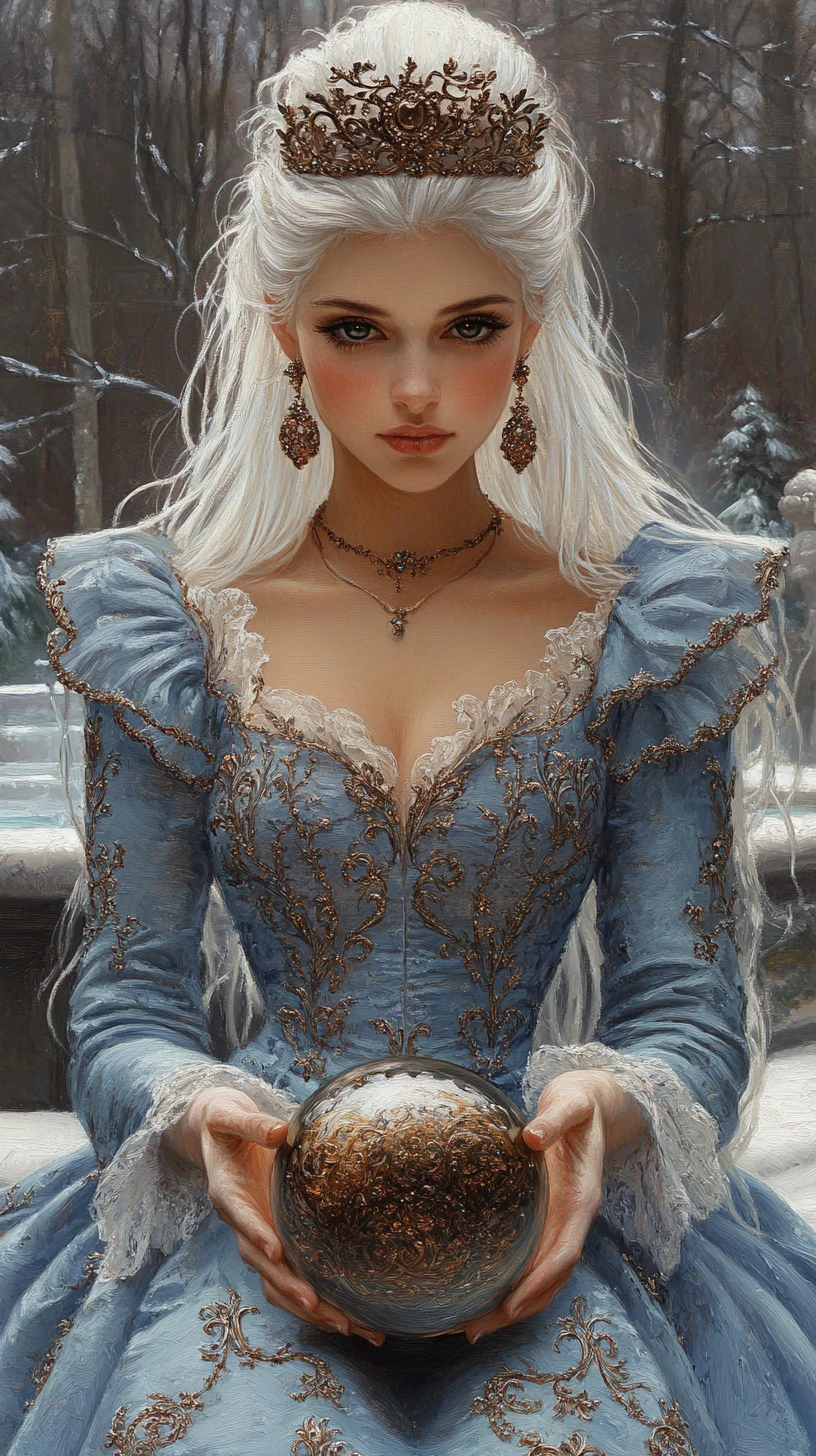 Regal woman in blue rococo dress holding glowing sphere
