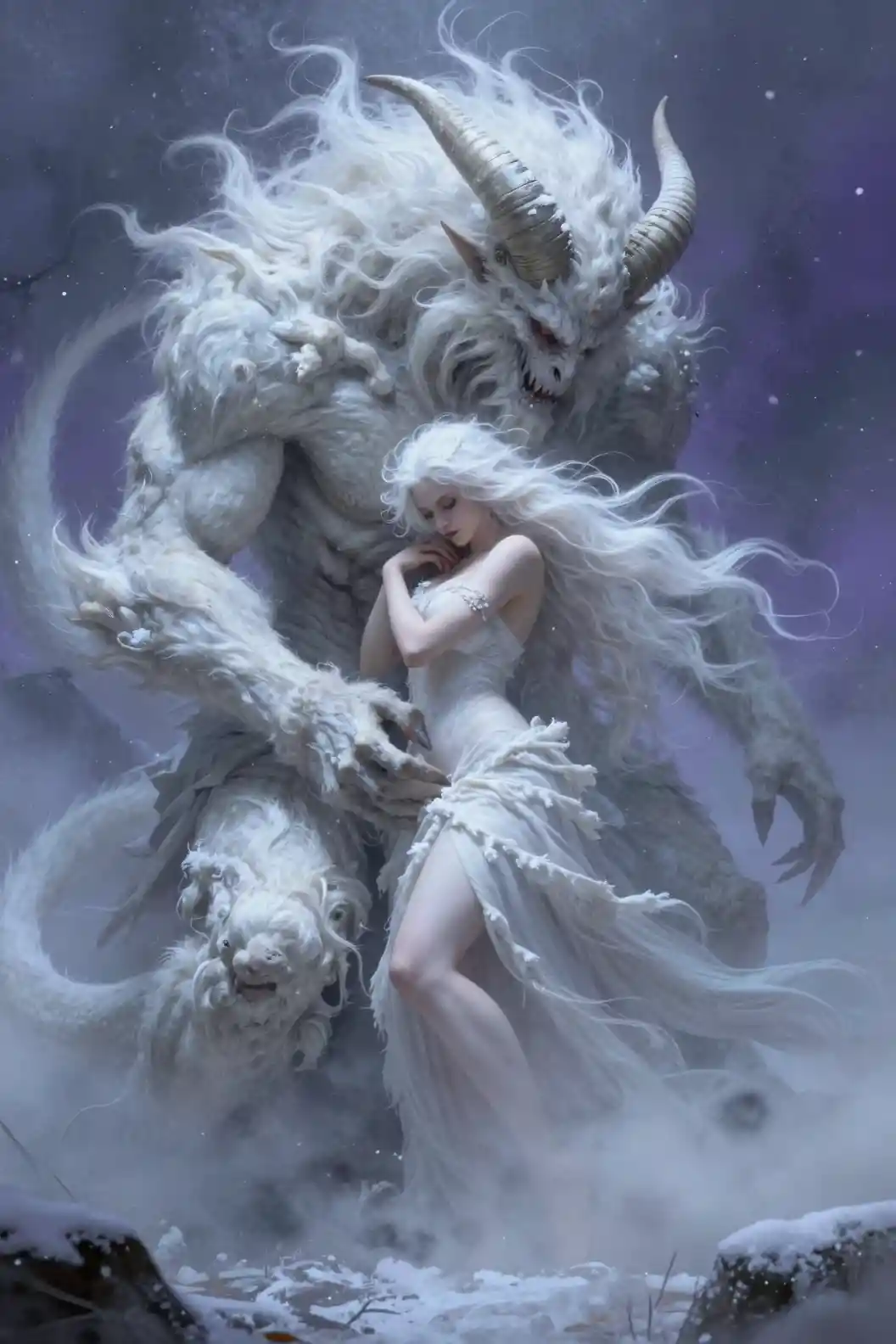 Horned white demons embracing a woman in a snowstorm