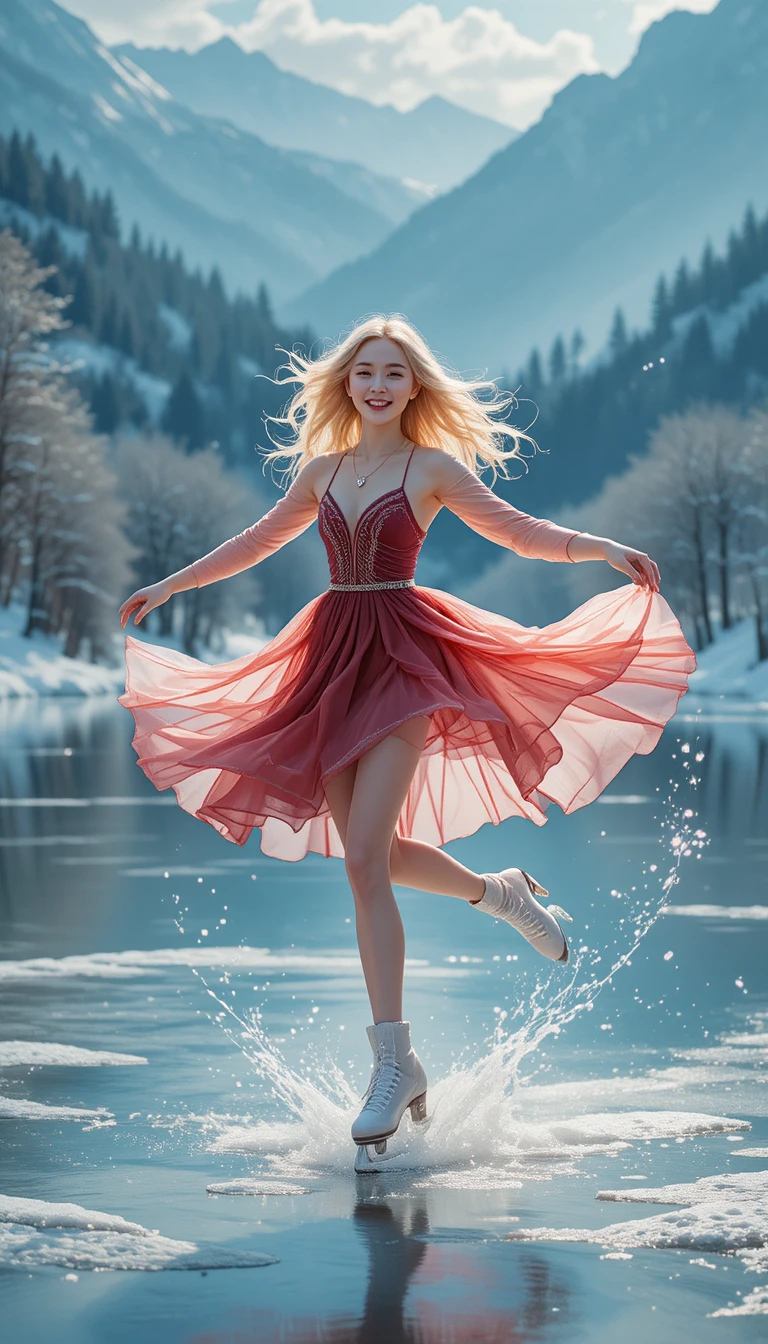 Joyful skater in red dress gliding across frozen lake