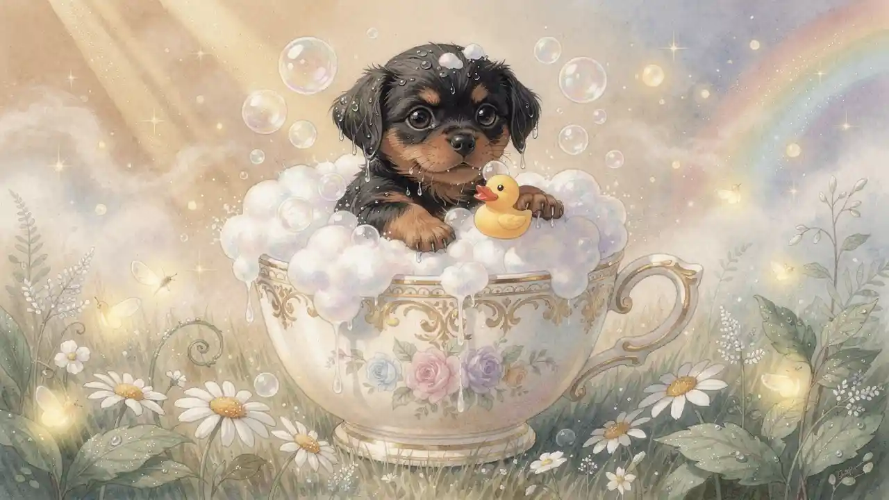 Watercolor puppy in a whimsical bubble bath teacup