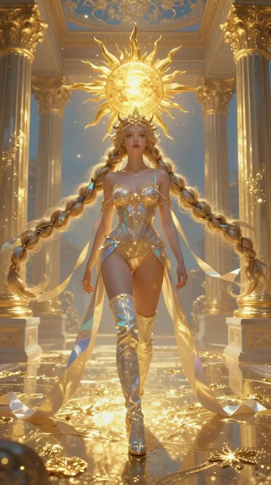 Fantasy ribbon nymph woman walking through a golden temple
