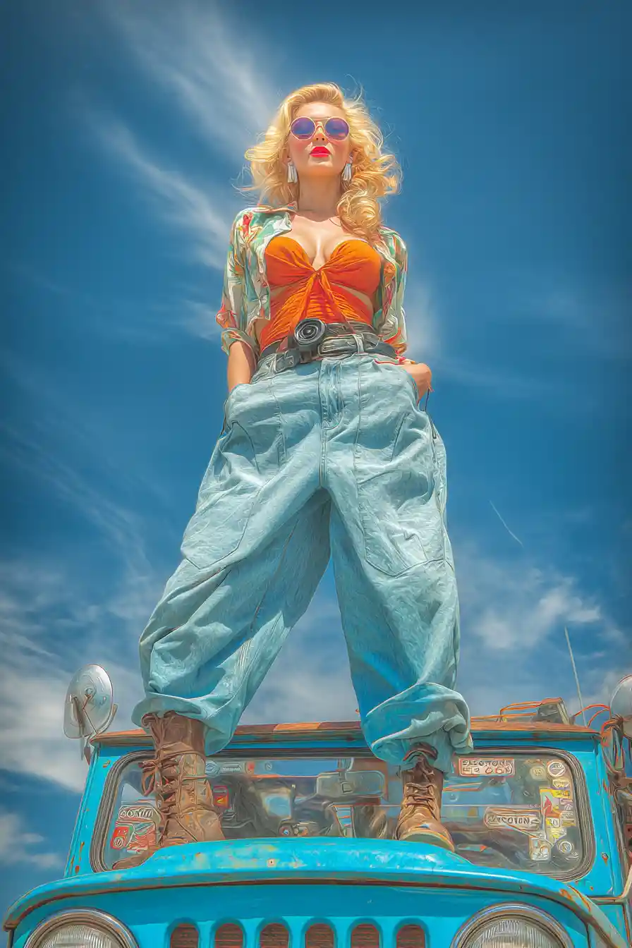 Pin up blonde woman posing on blue 90s Suzuki Jeep
