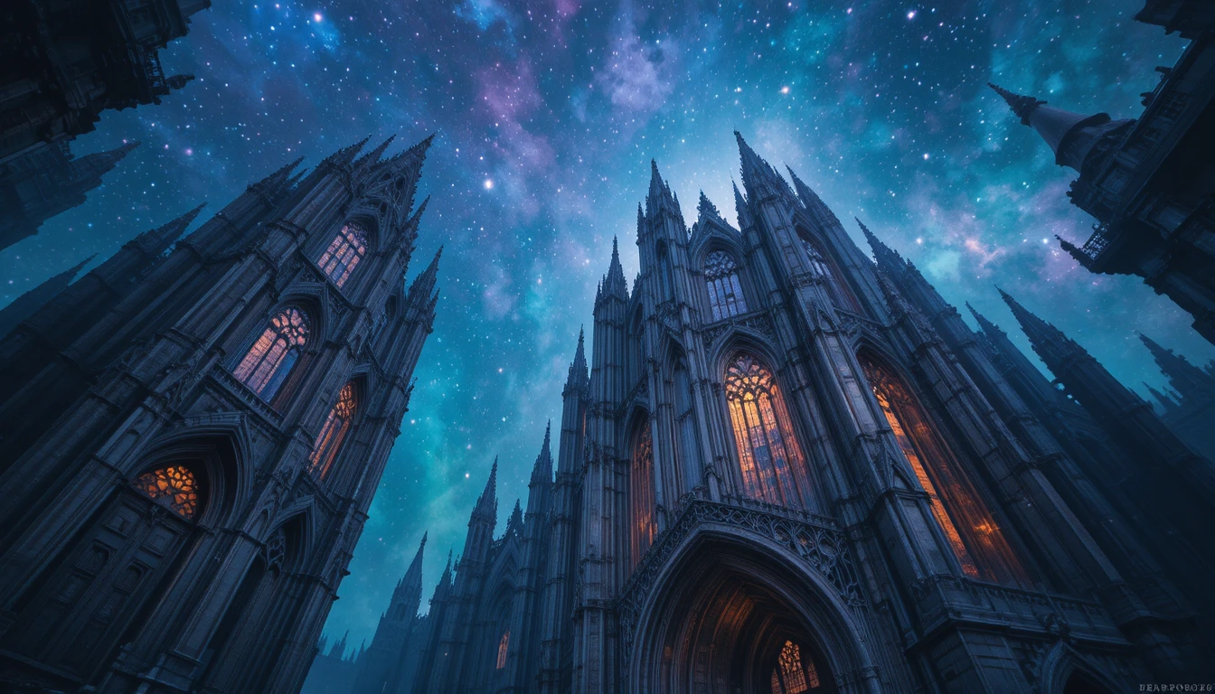 Eteree cattedrali di pietra sotto un cielo notturno pieno di stelle