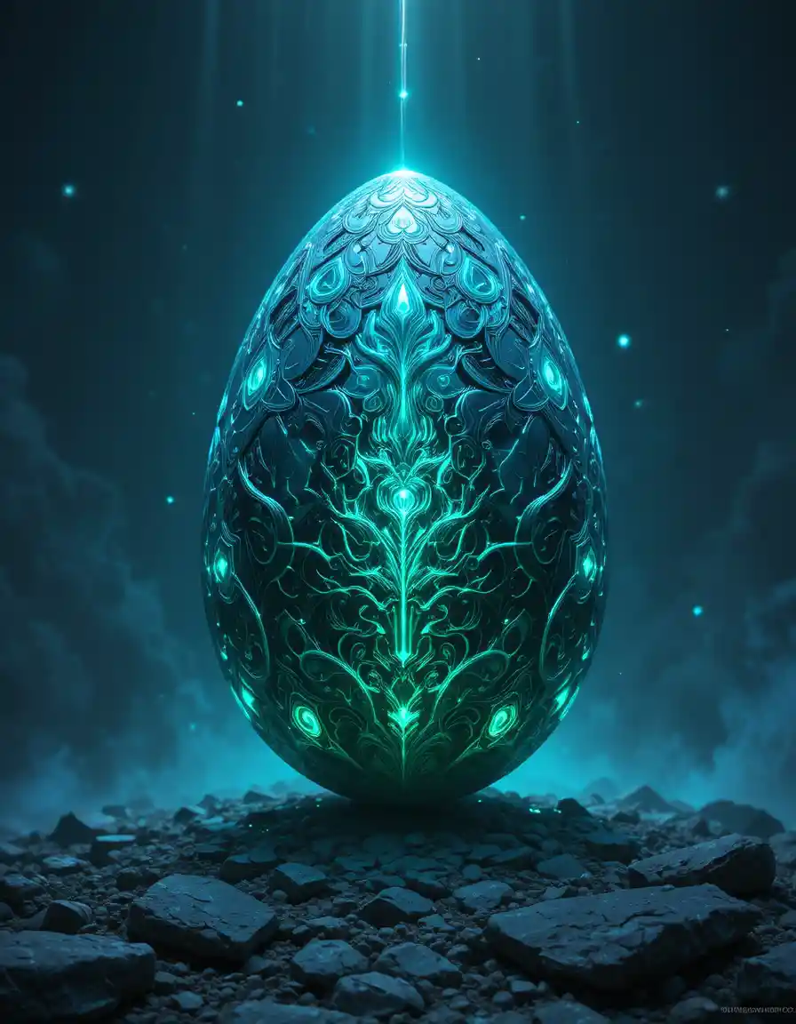 Glowing extraterrestrial dragon egg in dark cosmic space