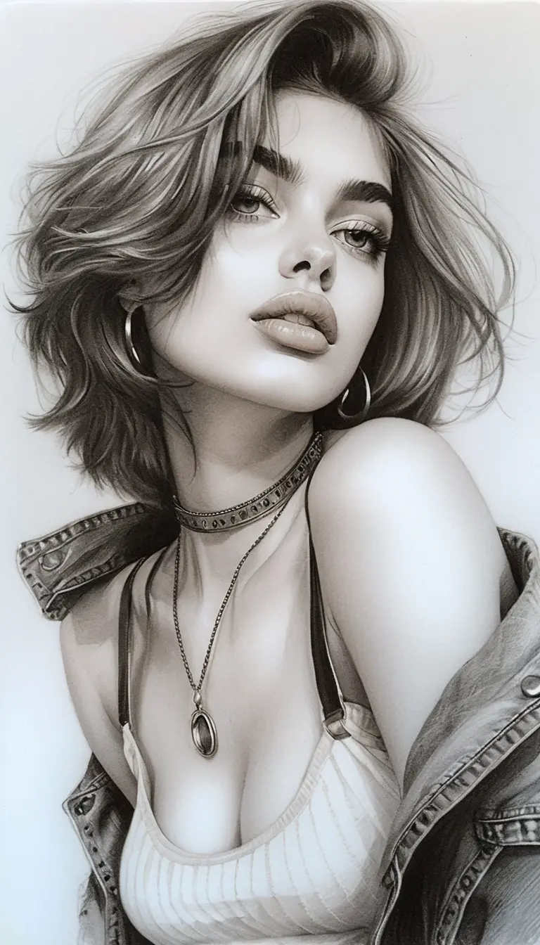 Portrait sensuel en graphite d’une jeune femme en veste en jean