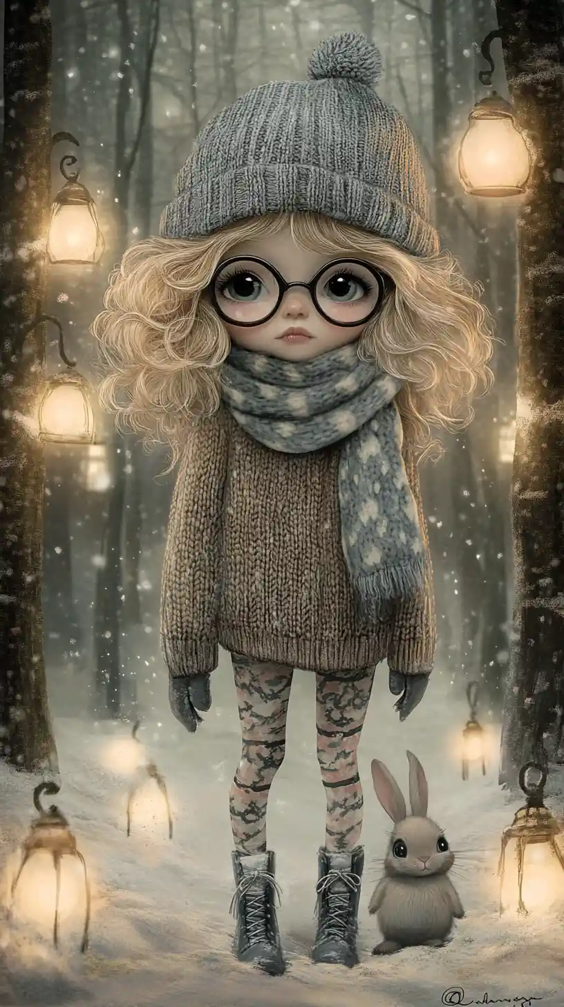 Girl with rabbit in lantern lit snowy forest at dusk