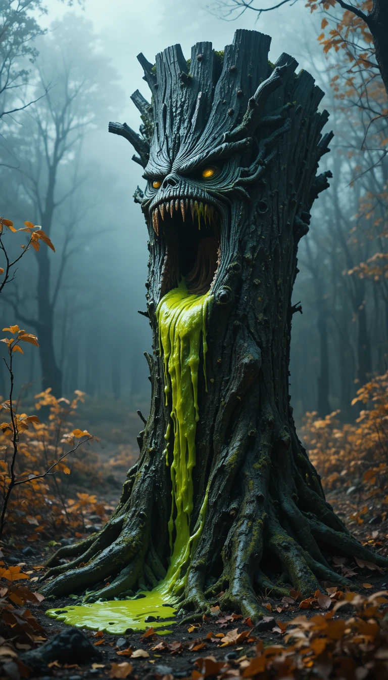 Souche d’arbre tordue et lumineuse avec un visage monstrueux sculpté
