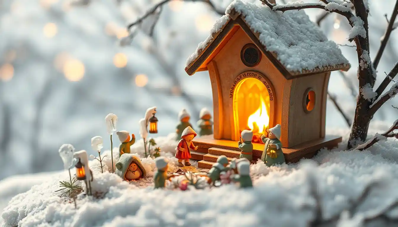 Gemütliches Vogelhaus, das sanft in einem verschneiten Winterdorf leuchtet