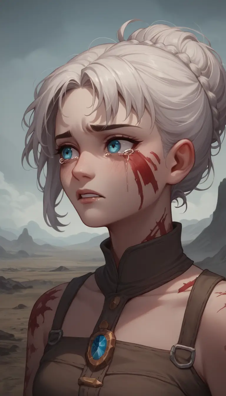 Crying girl standing alone on a barren sunset landscape