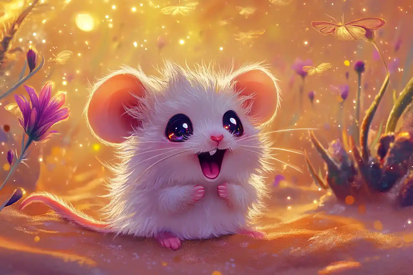 Cute fantasy pocket mouse playing in glowing desert sand