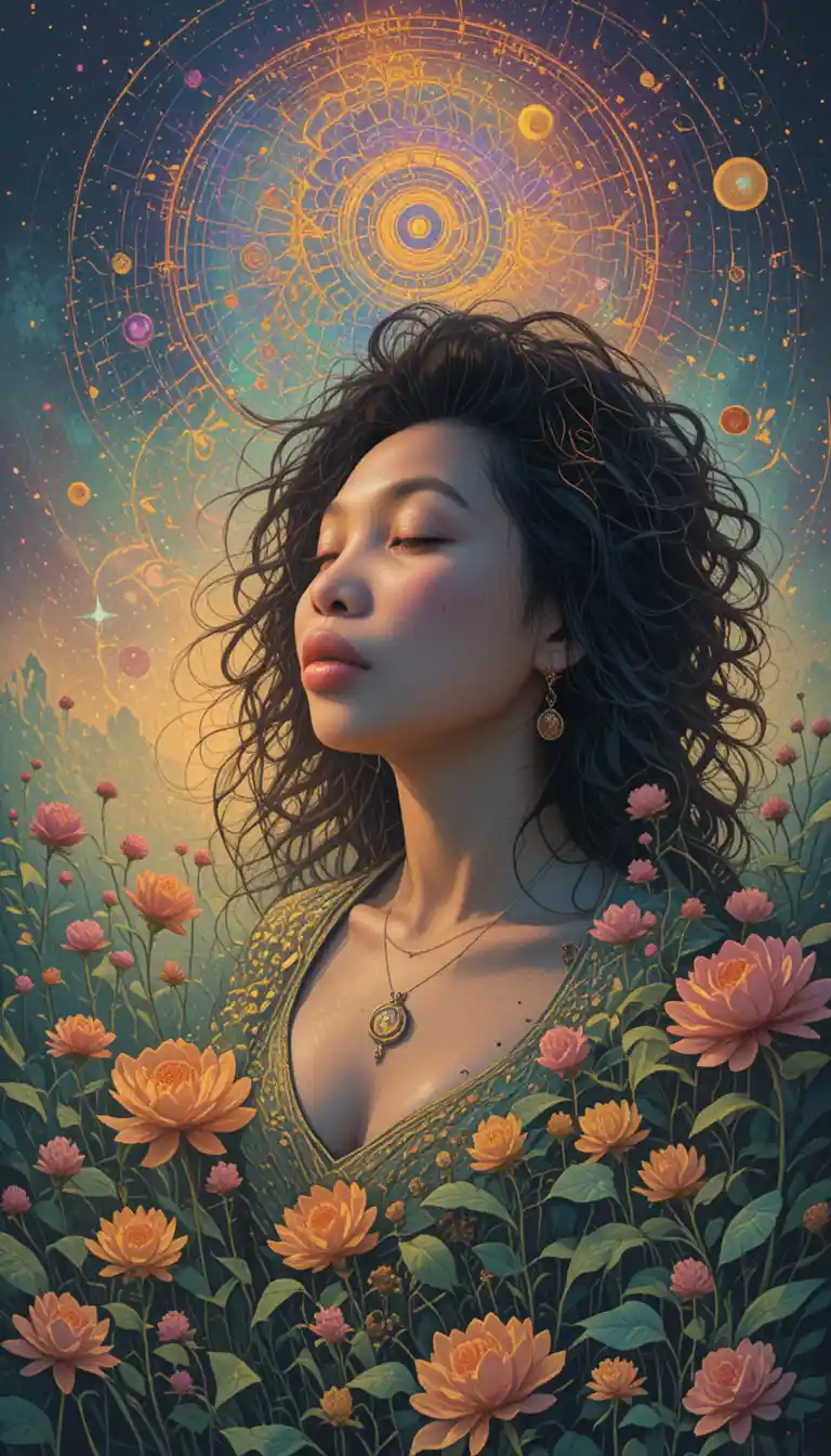 Mujer serena en un paisaje onírico floral psicodélico