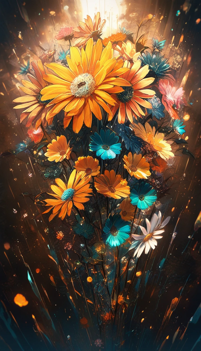 Teal Daisy On Weathered Textured Wall With Golden Flowers