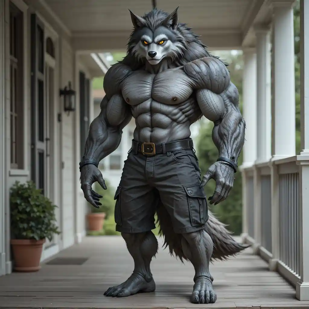 Loup anthropomorphe musclé debout calmement sur le porche d’une maison