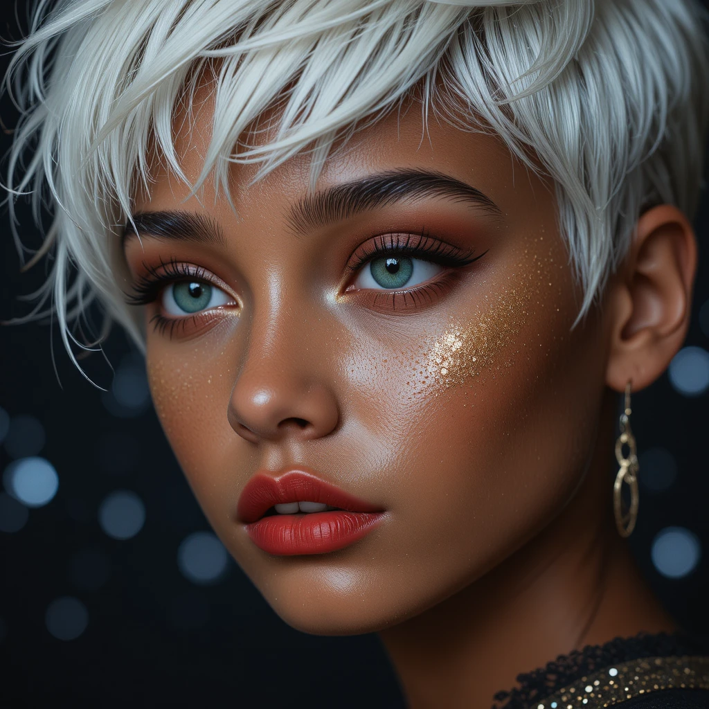 Thoughtful teenage girl with glitter freckles and green eyes