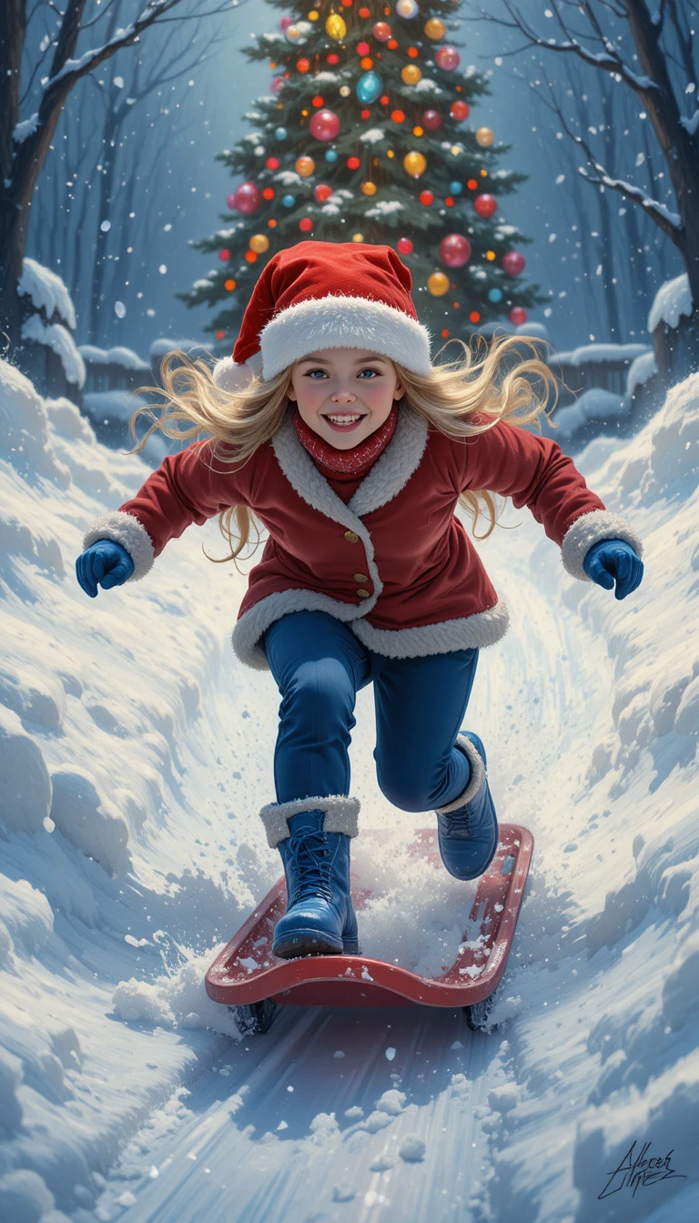 Lächelndes Mädchen rodelt an Weihnachten eine verschneite Rutsche hinunter
