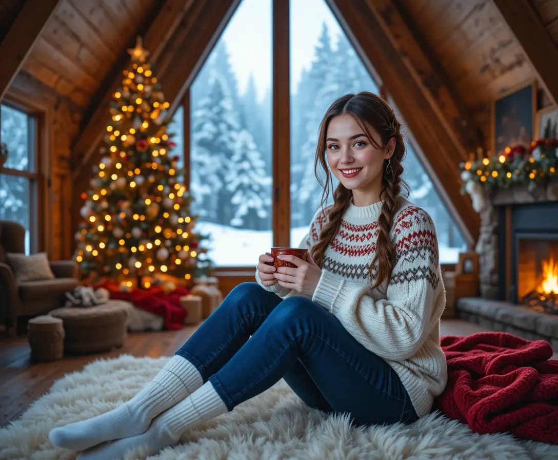 Frau mit Becher am Kamin in einer gemütlichen A‑Frame-Hütte