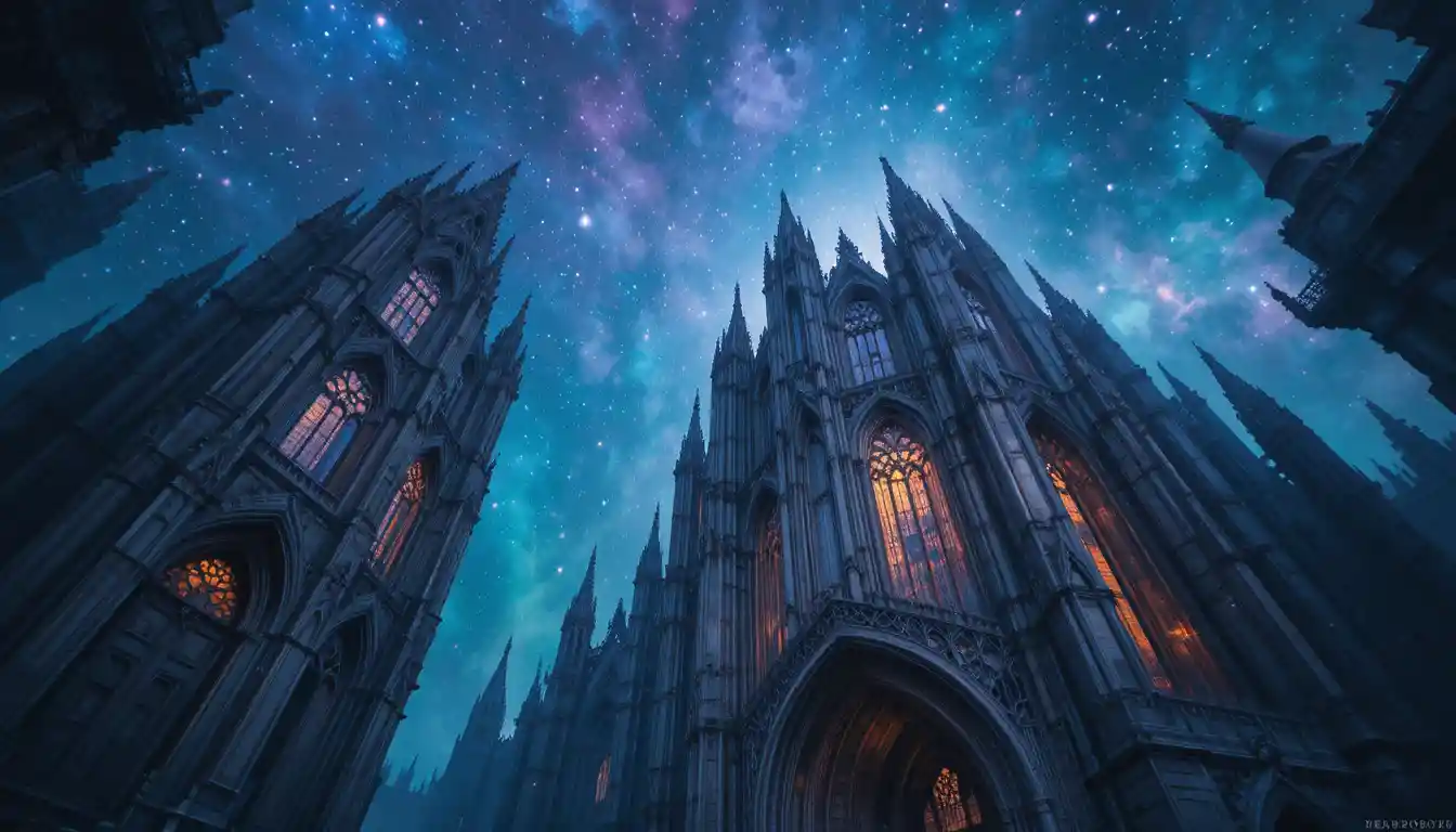 Ethereal stone cathedrals under a star filled night sky