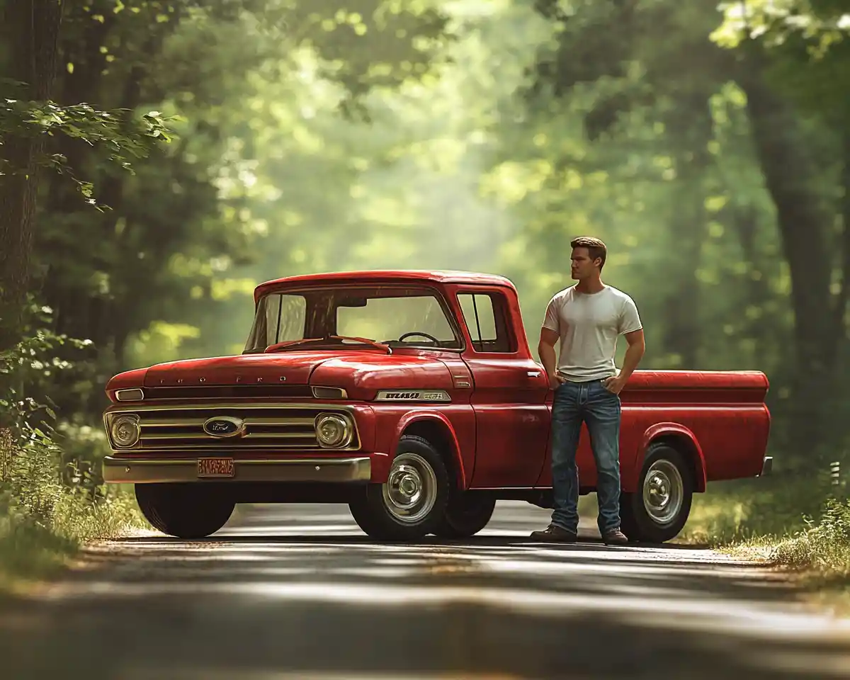 Man With Classic Red Ford Pickup On Quiet Country Road