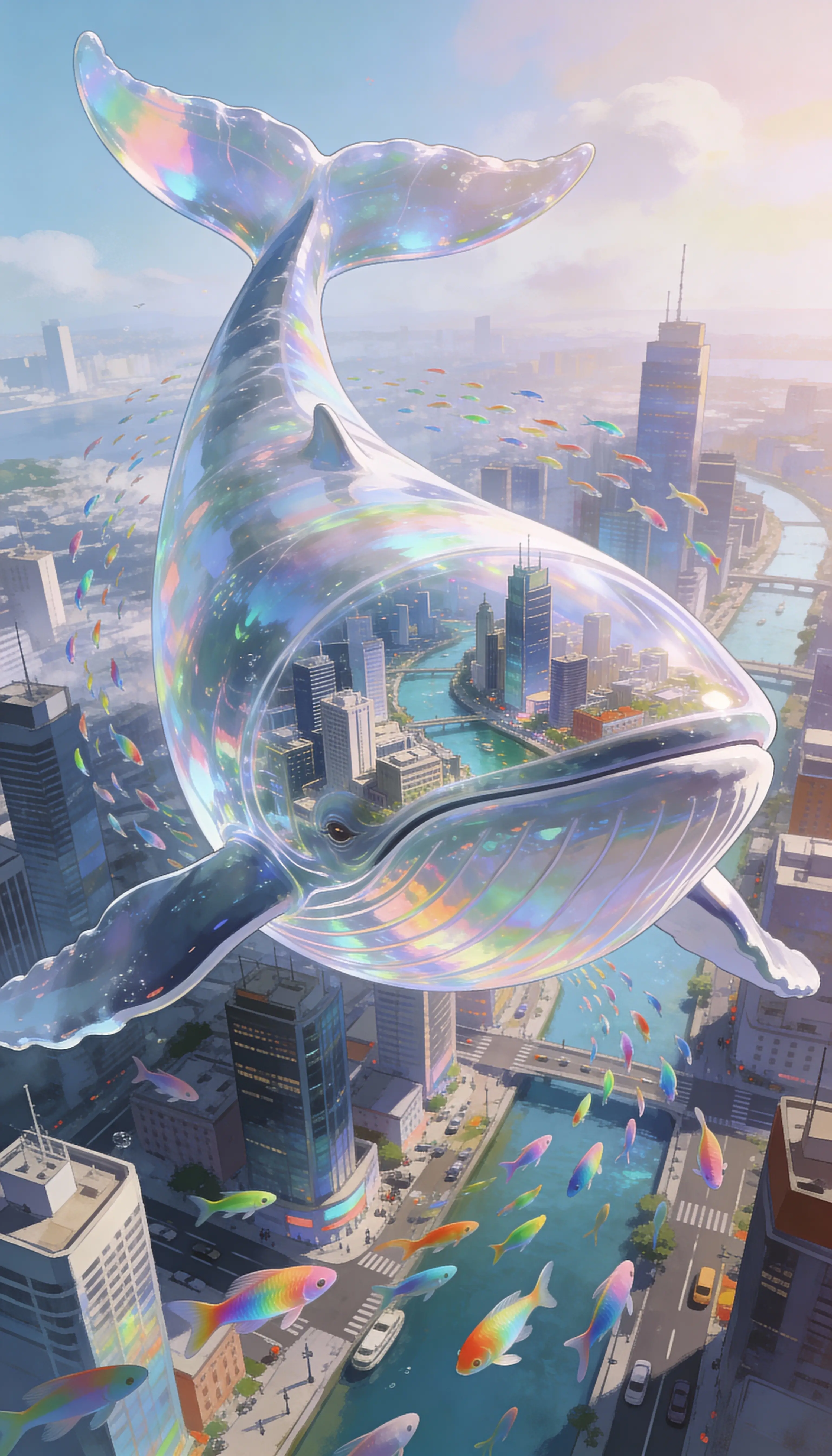 Surreal city inside a colossal whale with glowing canals