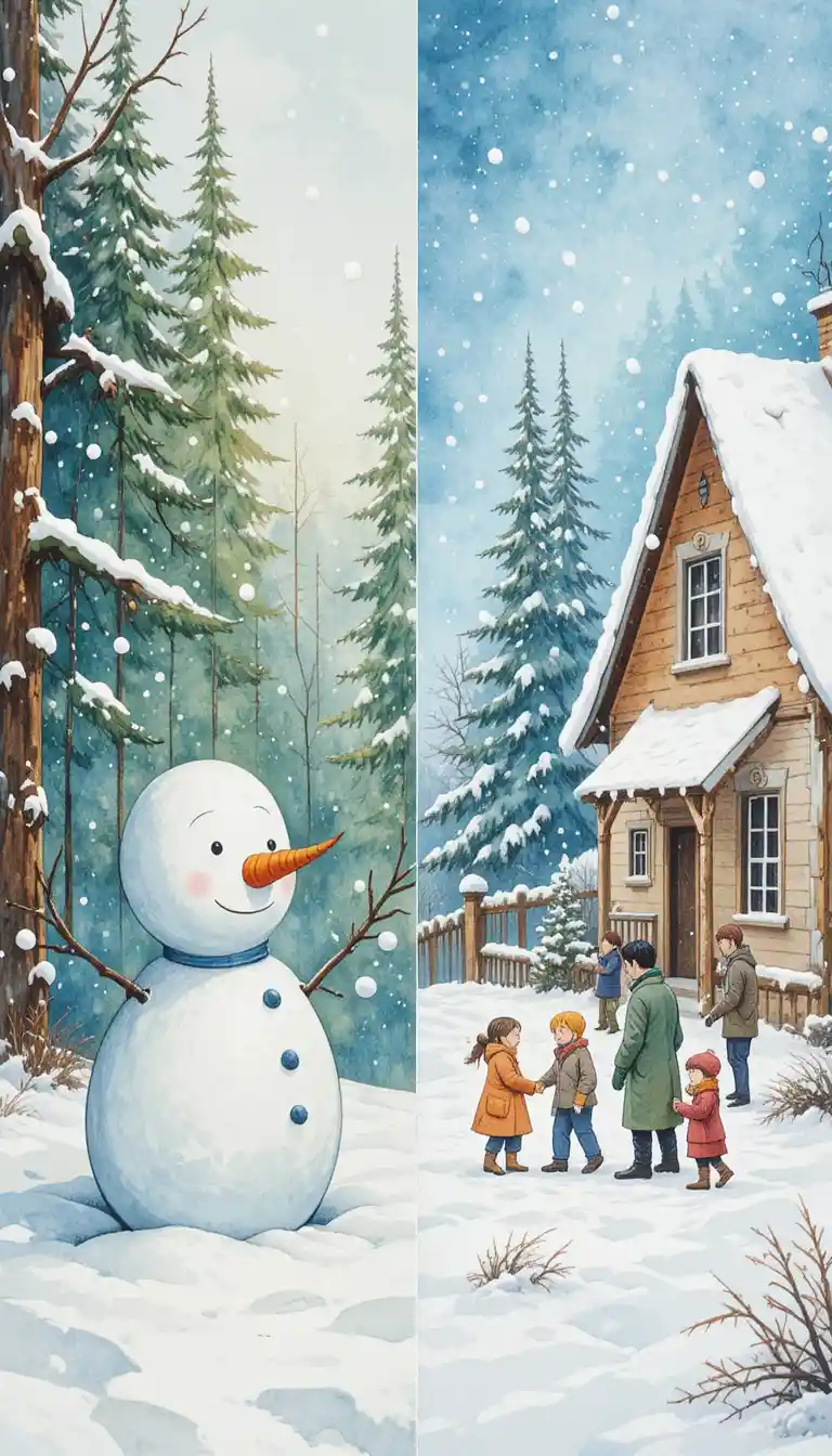 Pupazzo di Neve in una Colorata Scena Invernale nel Bosco ad Acquerello