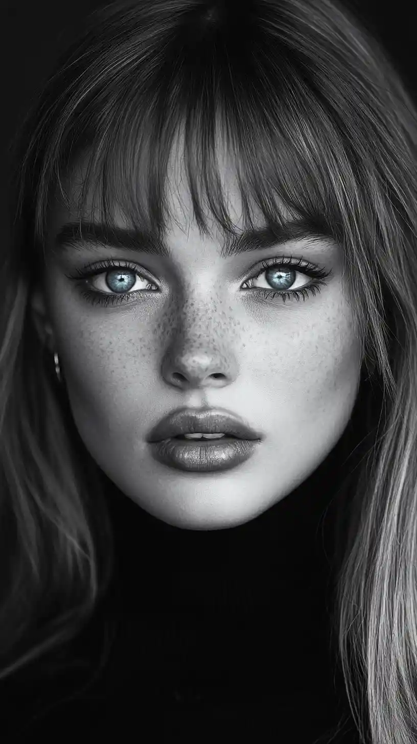 Monochrome portrait of a young woman with vivid blue eyes