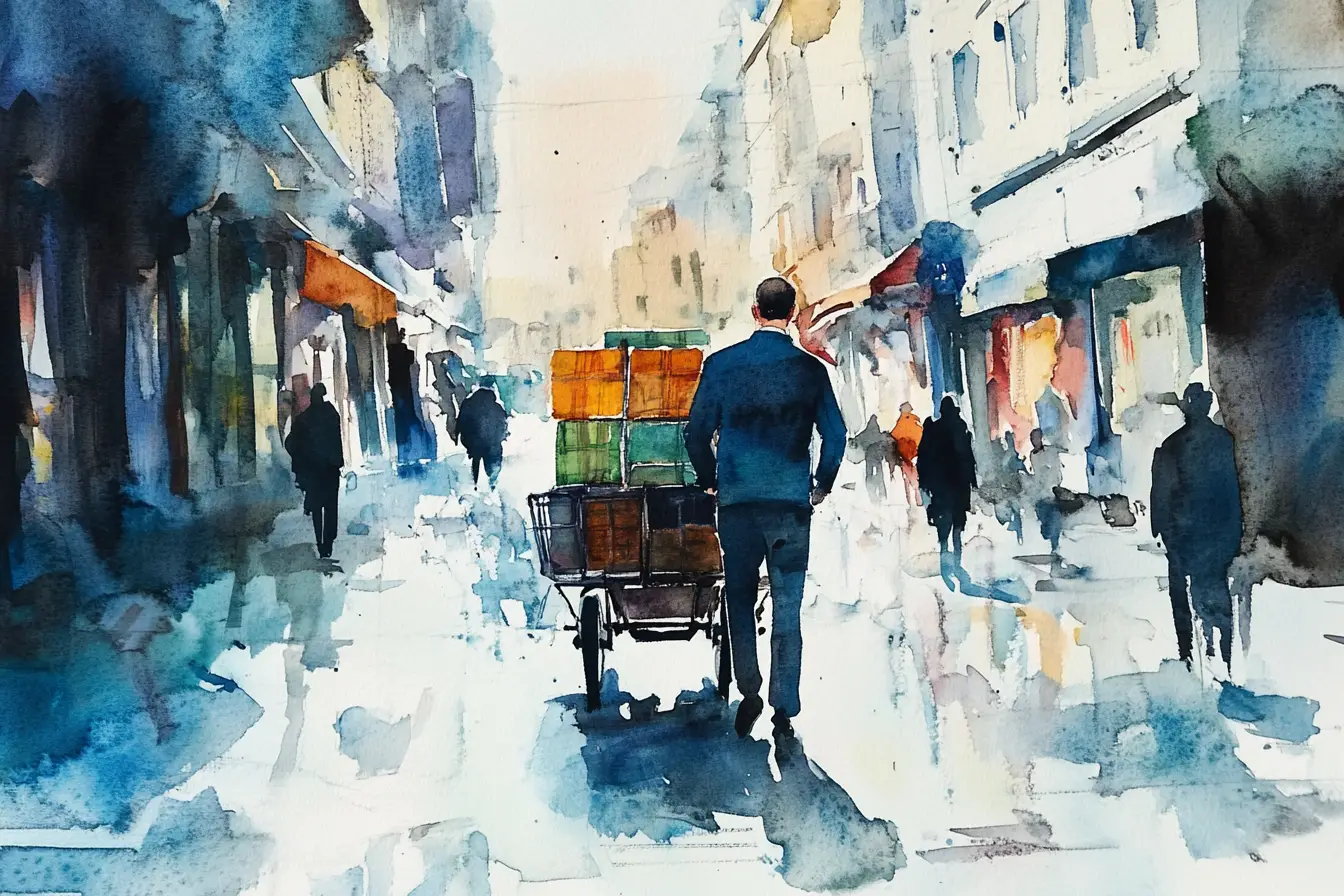 Watercolor street worker pushing a loaded cart