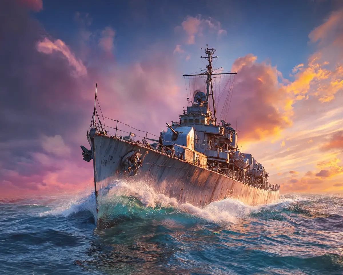 World War II destroyer sailing through sunrise ocean waves