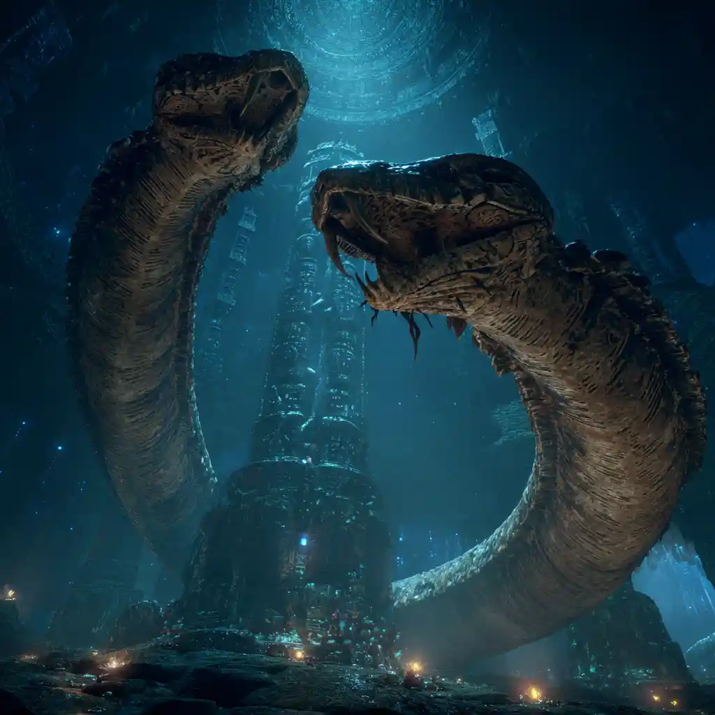Colossal cobra skeletons entwined in a glowing cavern