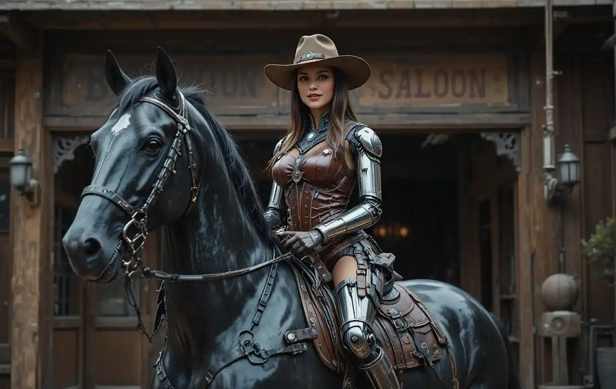 Cowgirl ciborgue em um cavalo preto em um saloon do velho oeste