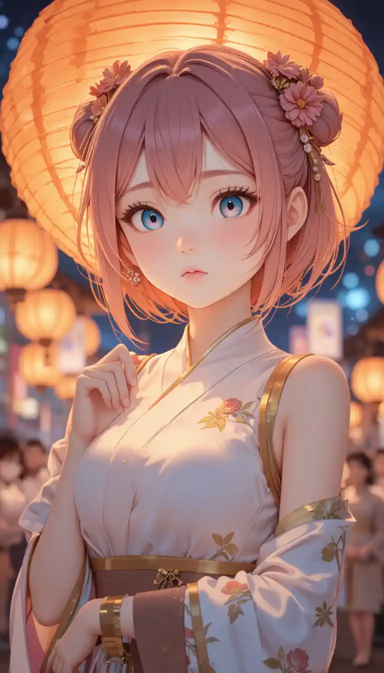 Anime girl with glowing goldfish lantern at night festival