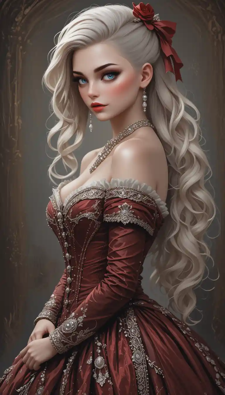 Victorian noblewoman in red silk gown looking over shoulder