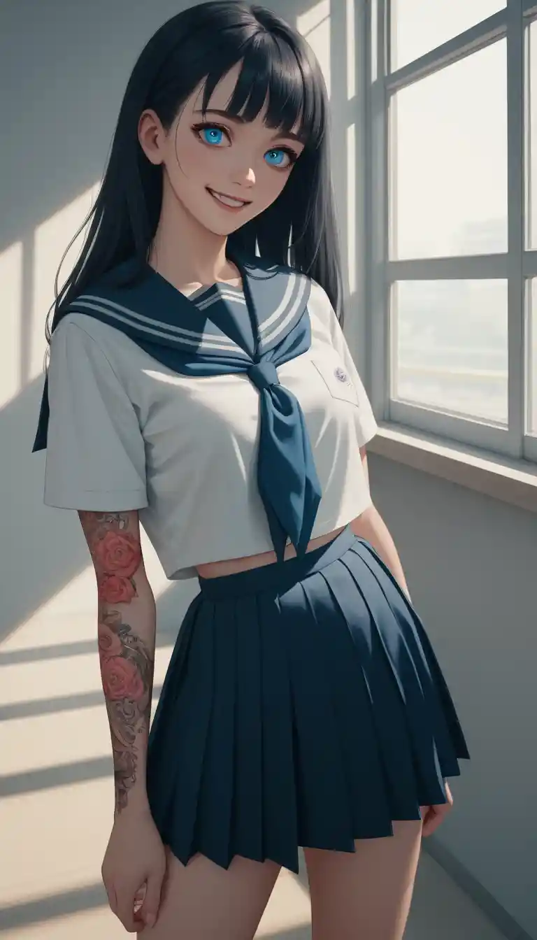 Blue eyed tattooed schoolgirl in a warm classroom scene