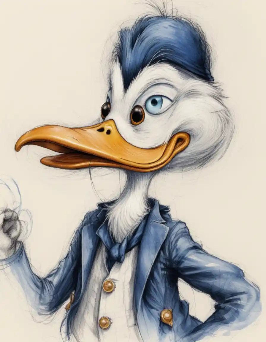 Retrato melancólico de pato en detallada tinta y acuarela