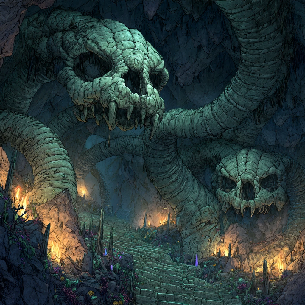 Colossal cobra skeletons entwined in a glowing cavern